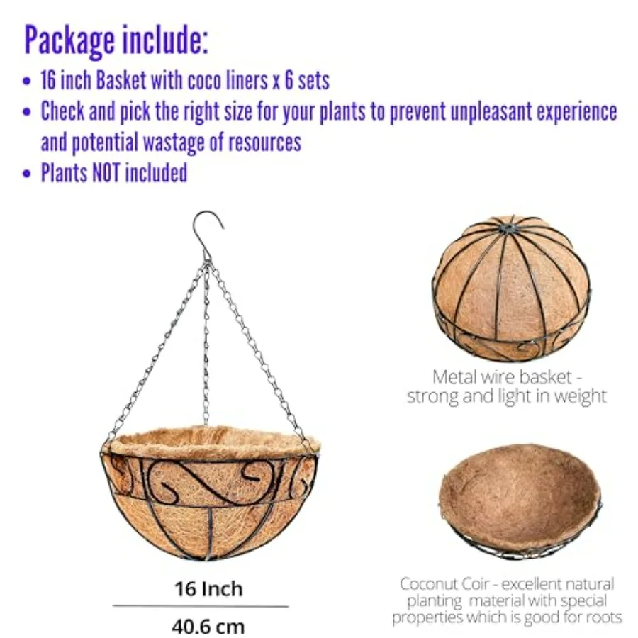 Outdoor hanging planter set: black metal wire baskets with coco liner, 16-inch diameter, 6-pack, farmhouse country style, inclu