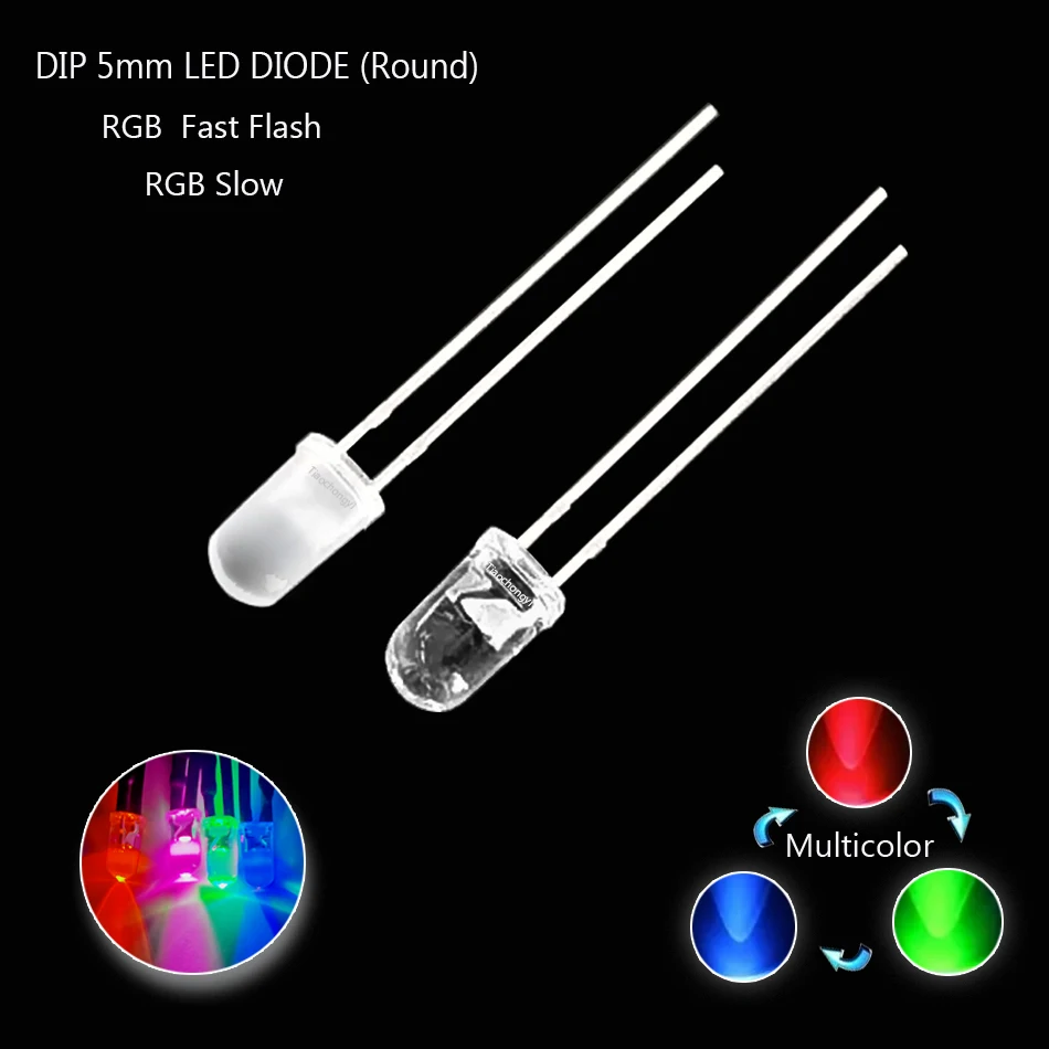 5 mm wielokolorowa, powolna/szybka migająca dioda LED RGB Migające diody elektroluminescencyjne 2 piny Przezroczysta okrągła soczewka