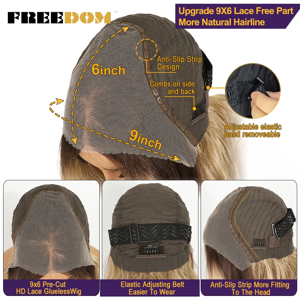 FREEDOM Body Wave, synthetische Perücken mit Spitze vorne für Damen, 9x6, vorgezupfte Spitze, 20 Zoll, vorgefertigte Ombre-Perücke in Braun-Blond, Cosplay-Perücken. – Detail 5