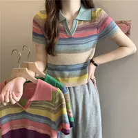 Ice Silk Knitted T-shirts Sexy Crop Top Pretty Short Sleeve Striped Women's Polo Korean Popular Clothes Casual Lapel Female Tee - Image 5