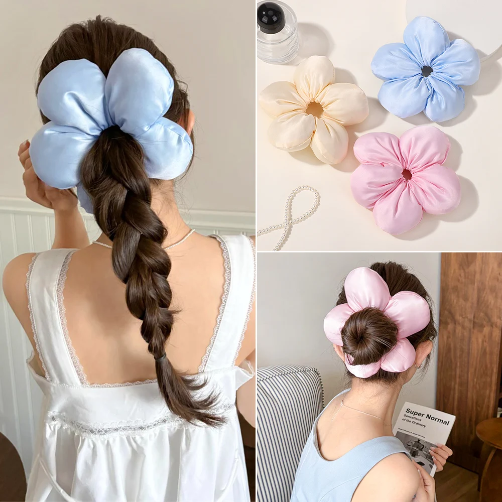 

Korean Oversized Blue Flower Scrunchie Hair Band for Women Girls Trendy Design High Ponytail Daily Fashion Hair Accessories