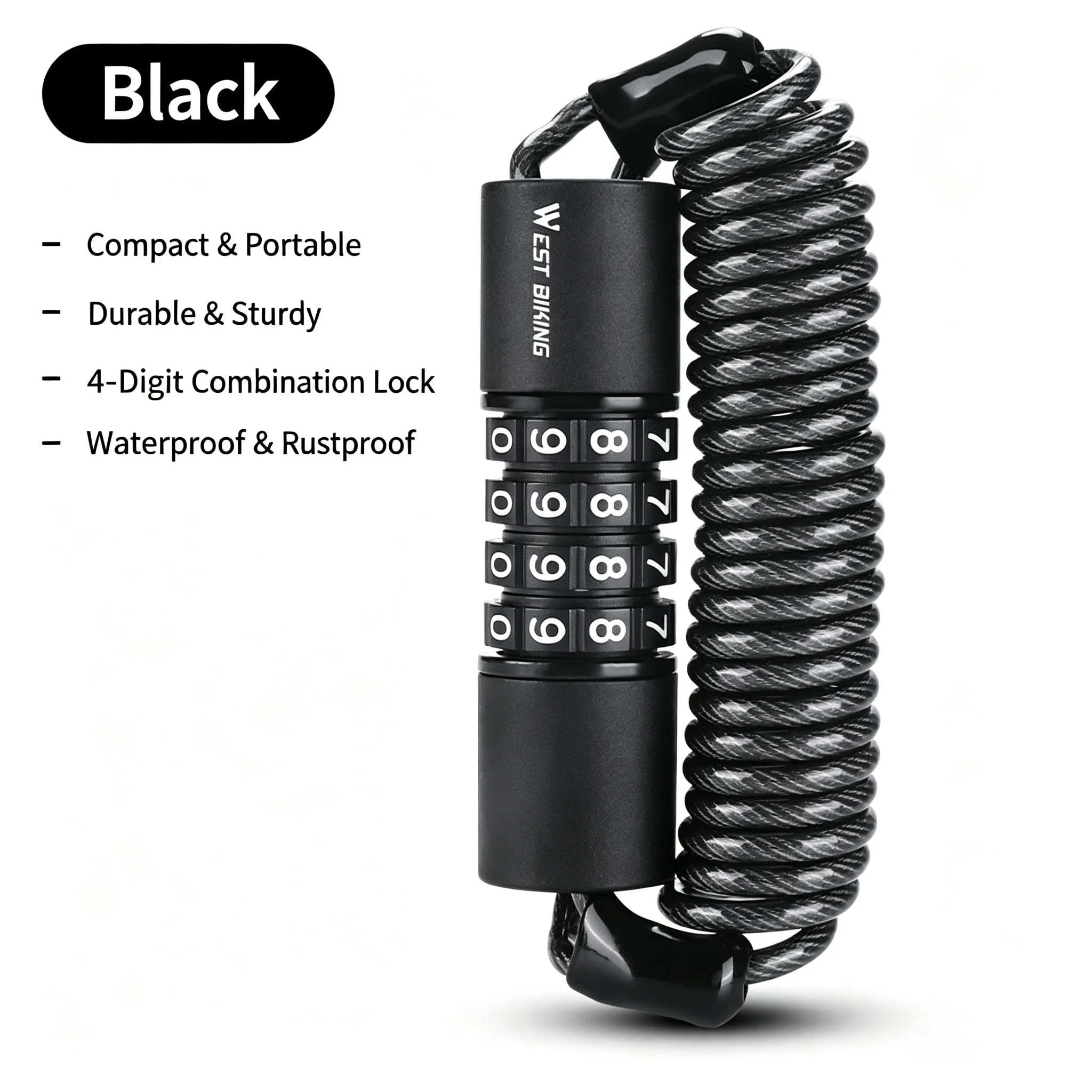 1.5m Retractable 4 Digit Password Lock Waterproof Rustproof Mini Bike Helmet Combination Lock