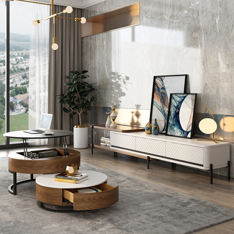 

Nordic Light Luxury Circular Elevated Tea Table TV Cabinet Combination Modern Simple Small Unit Folding Tea Table Living Room