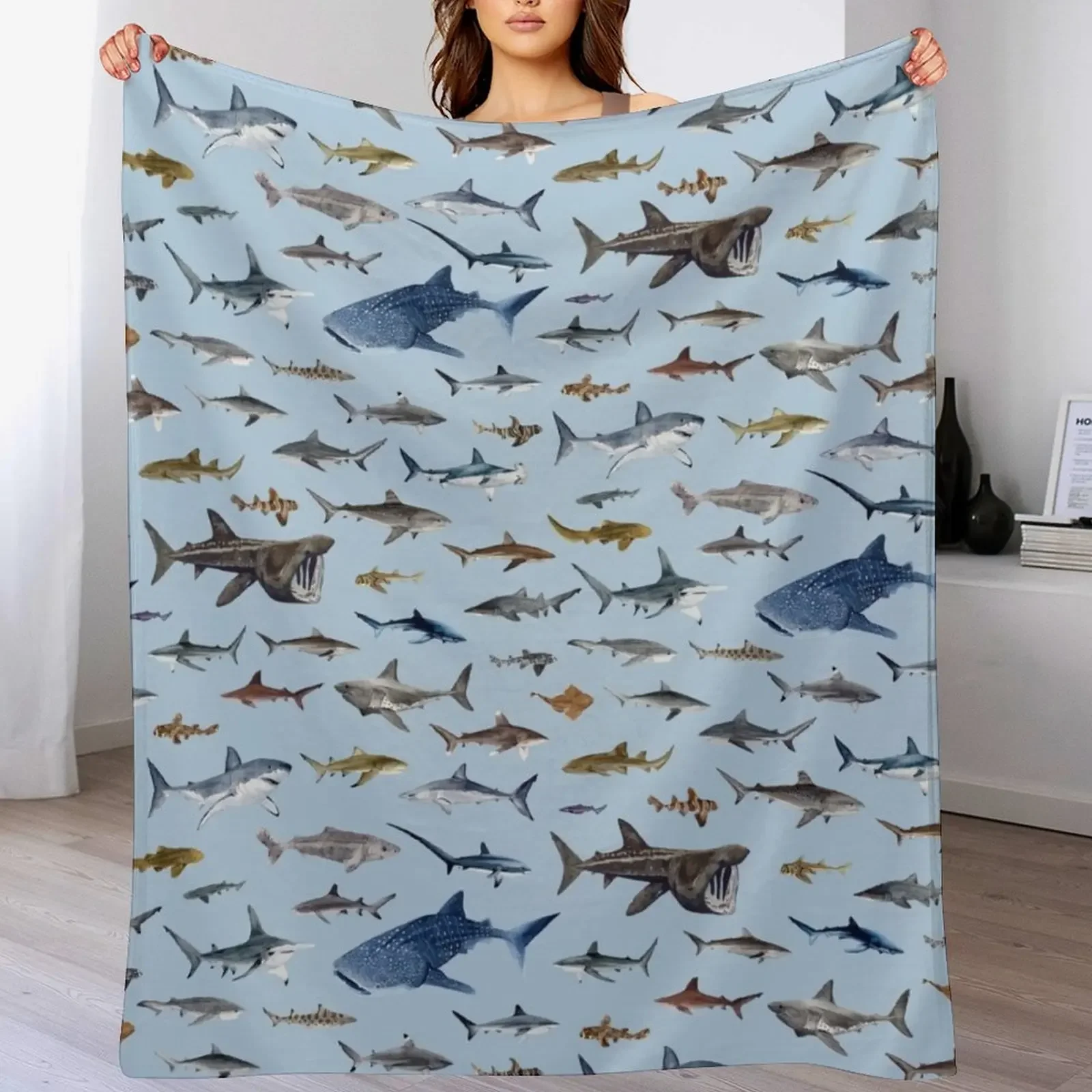 SHARKS poster-light blue Throw Blanket Fuzzy Plush Throw Blanket for Sofa Chair