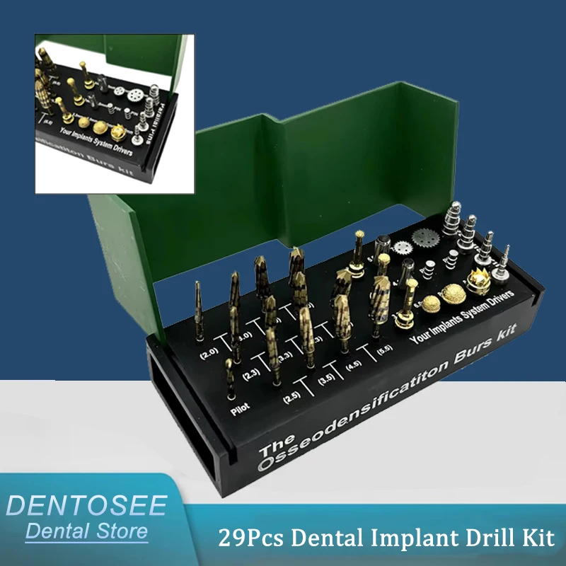 Kit de broca para implante dentário, 29 peças, conjunto de brocas de osseodsificação para expansão de ridge e ferramentas de cirurgia de condensação óssea