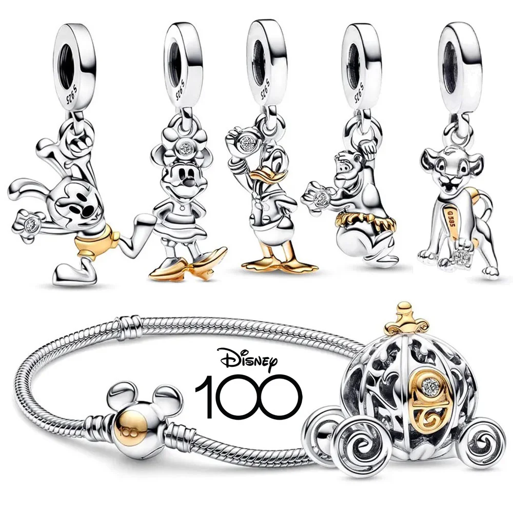 Liontin Mickey perayaan 100th Disney bandul perak Sterling 925 baru Cocok asli Pandora DIY gelang emas hadiah perhiasan wanita