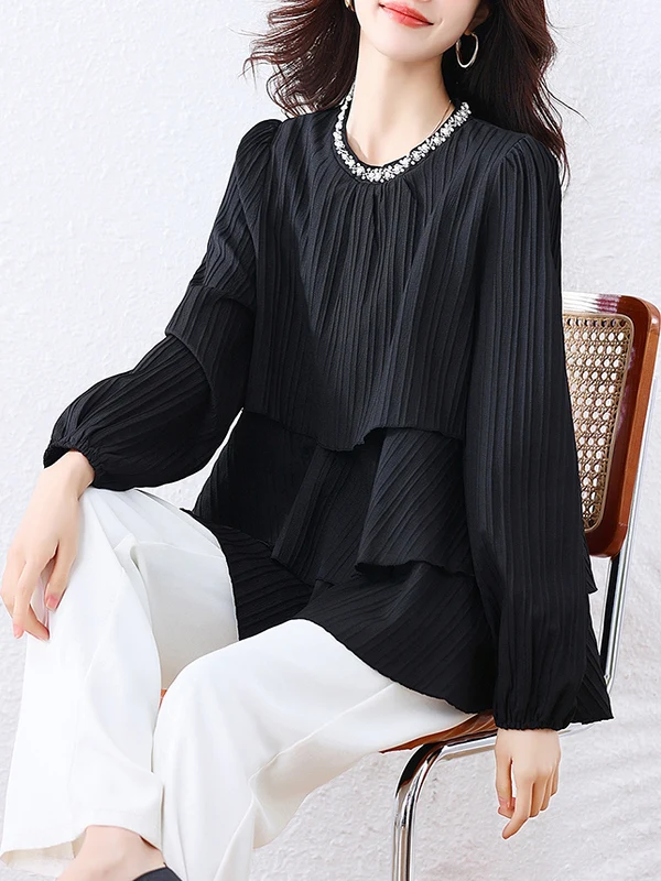 

Fashionable Oversized Long Sleeve Chiffon Shirt Women's Spring Autumn New Style Elegant Airy Ladies Top round Neck Back Button