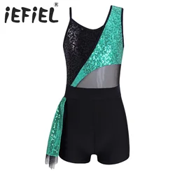 Kid Girls Sequins Ballet Dance Leotard Sports Gymnastics Workout Bodysuit Choldren Mesh Patchwork Jumpsuit Romper Dance Costumes