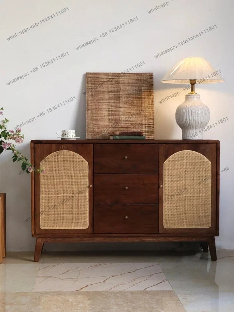 

French Retro Side Cabinet Solid Wood Rattan Home Storage Designer High-end Wall Cabinet