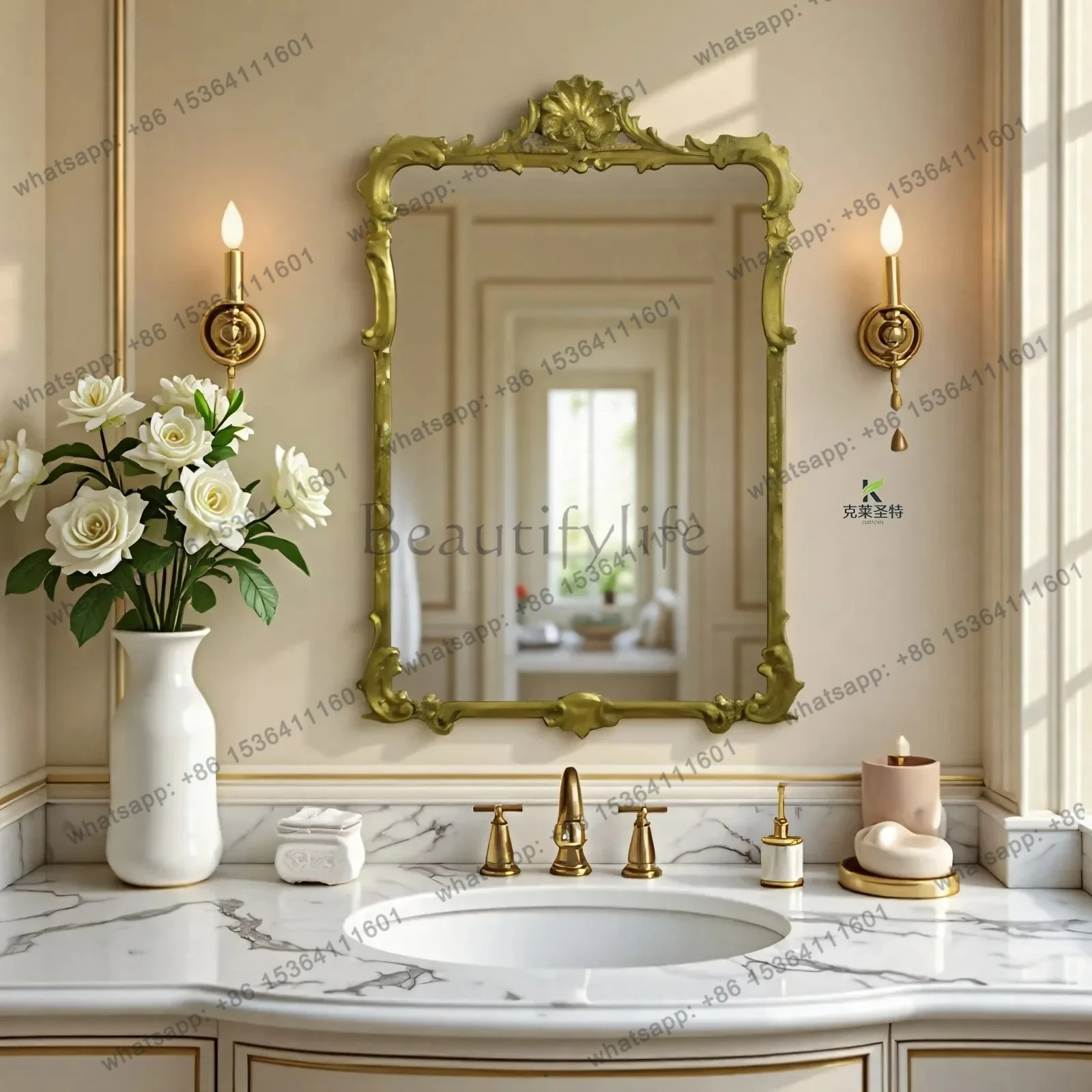 

French retro bathroom mirror wooden carved mirror wall-mounted dressing mirror