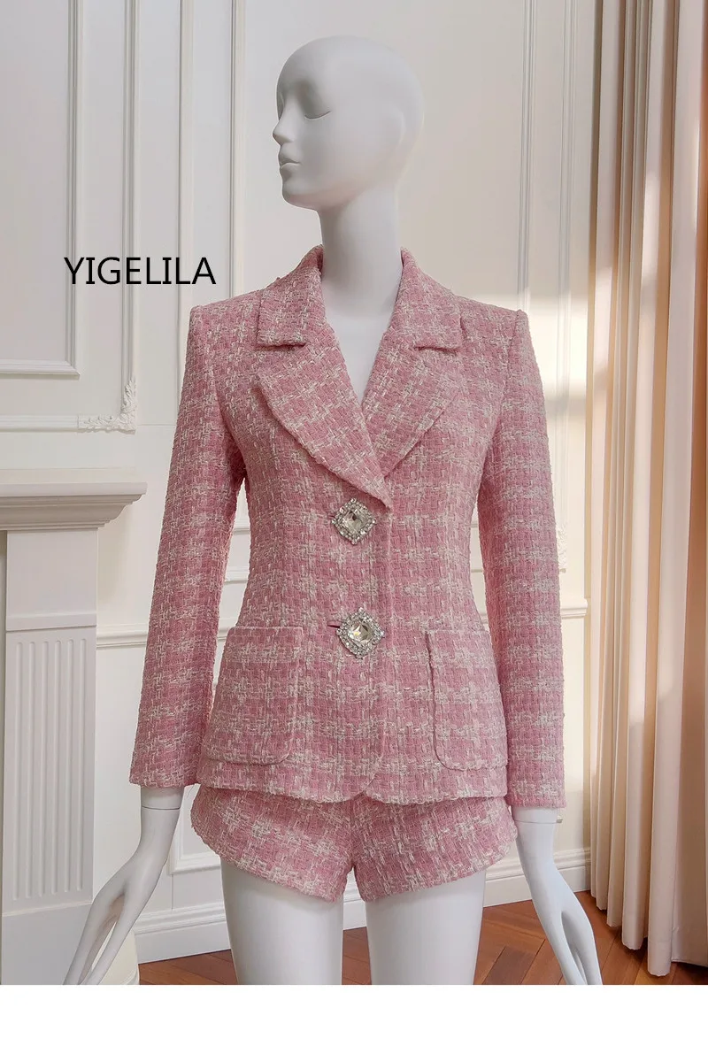 YIGELILA-Pink Tweed Set for Women Tank Top and Shorts Sleeveless Blazer Plaid Suit Slim Outerwear Winter 2024 3 Pcs