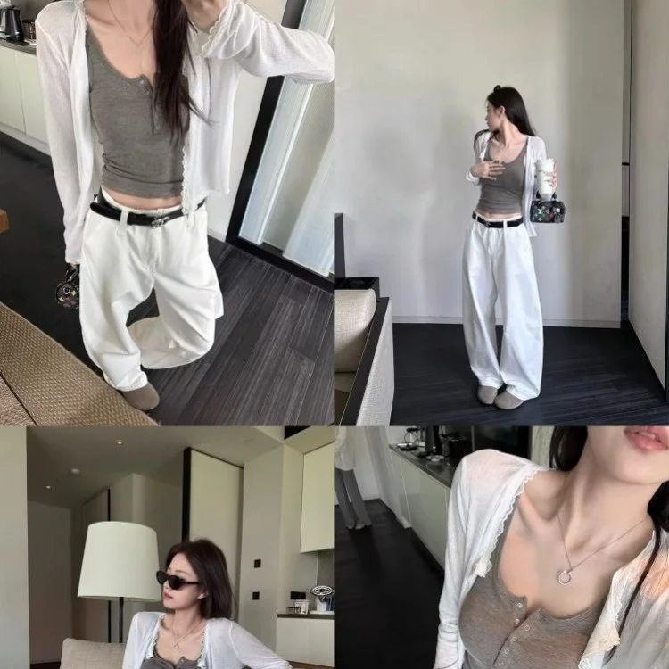 Lace Splicing Hem Sun Protection Knitted Open Cardigan Lightweight Outerwear Top Women Summer Casual Slim Fit Long Sleeve
