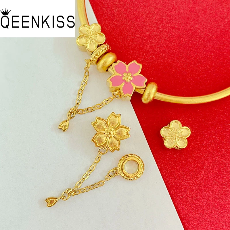 

QEENKISS Gold Sakura Bracelet Bangle Charm Beads For Women Wedding Party Birthday Christmas Bride DIY Accessories Gifts AC511
