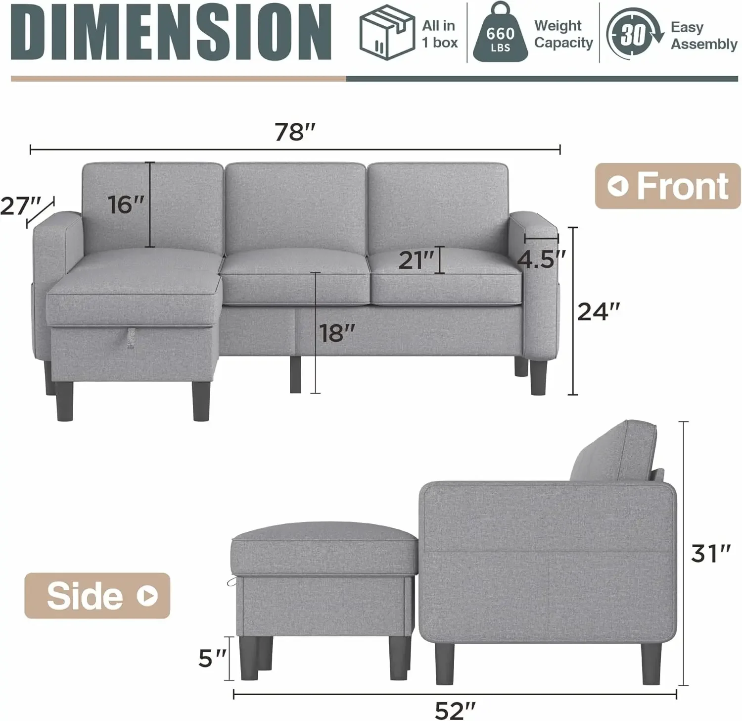 Convertible Sectional Sofa Couch - 3-Seater L-Shaped Beige Linen Furniture Set with Reversible Storage