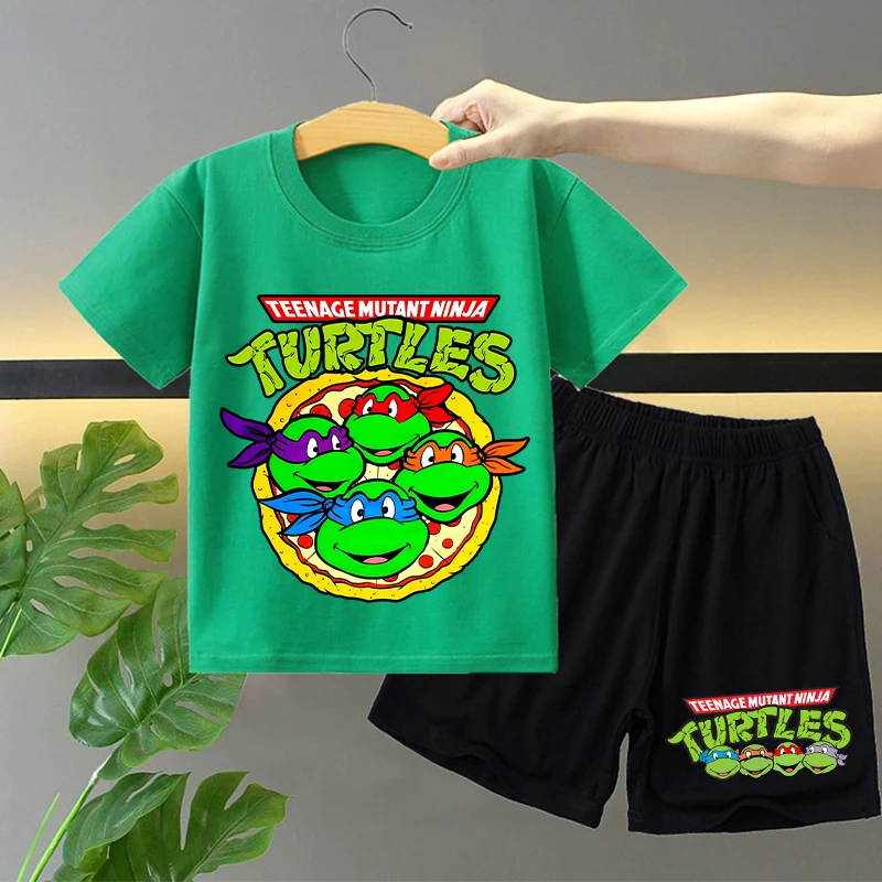 Teenage Mutant Ninja Turtles T-shirt Shorts Suit for Boys Girls Anime Cartoon Short-sleeved Top Pants Children Summer Clothes