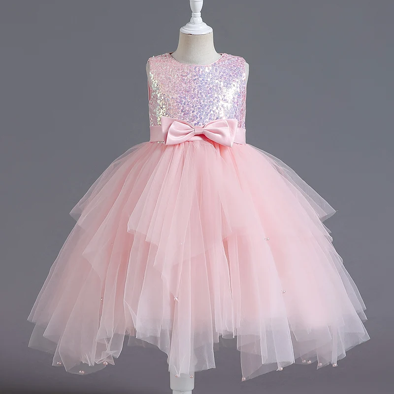 

M111 Girls' Dress Sleeveless Hemline Irregular Short Skirt Mesh Fluffy Sequin Bowtie Performance Host Leisure Time