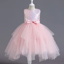 M111 Girls' Dress Sleeveless Hemline Irregular Short Skirt Mesh Fluffy Sequin Bowtie Performance Host Leisure Time