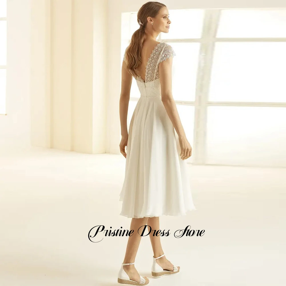 Classic Short Chiffon Wedding Dress with Cap Sleeve Corset Customized Tea Length Lace V-Neck Bridal Gowns Vestidos De Novia