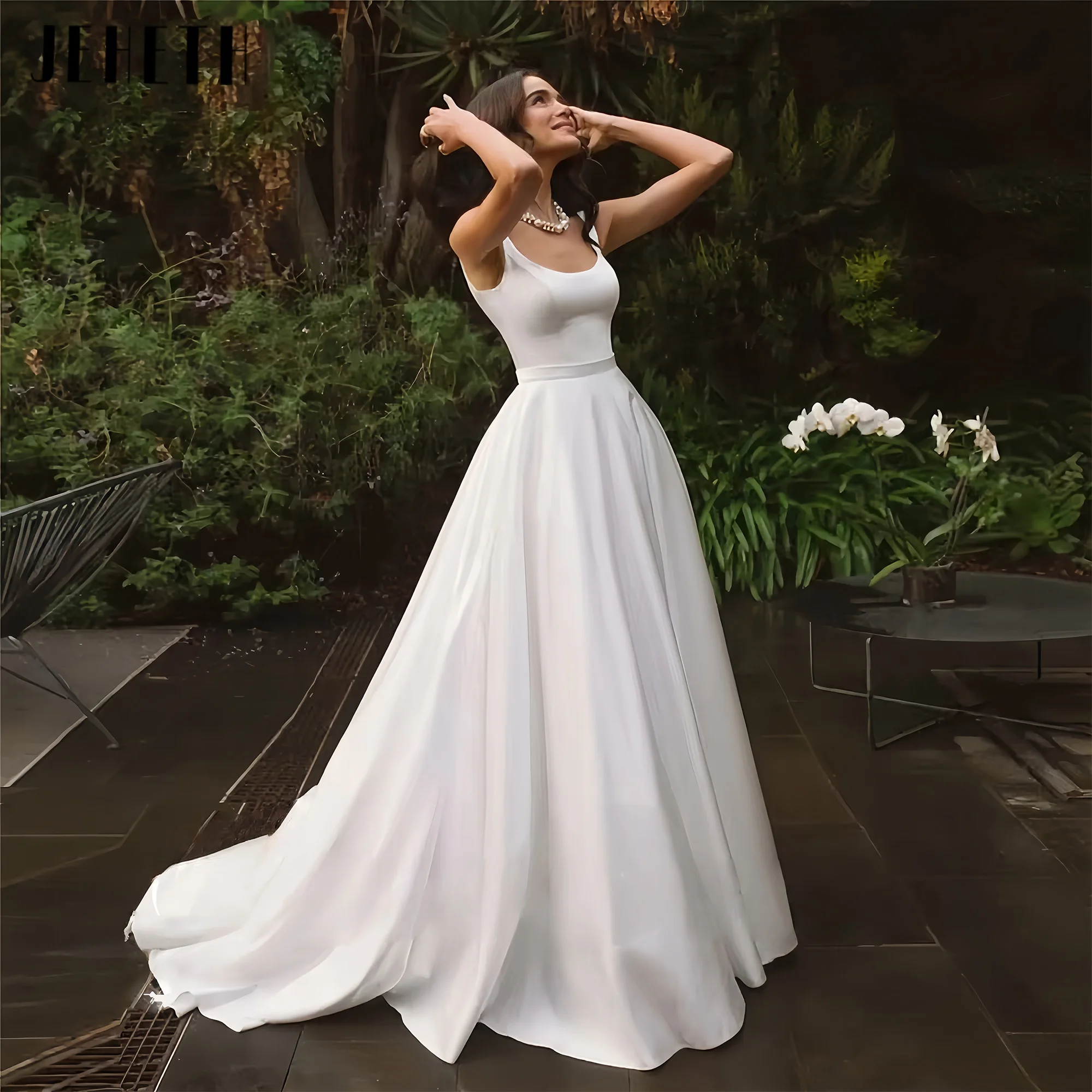 

JEHETH Elegant Pastoral Spaghetti Stain Square Collar Wedding Dresses Sleeveless Floor Length Bridal Gowns Vestido Customized