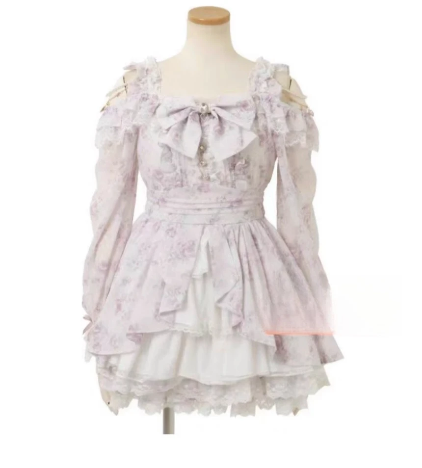 Nieuwe lente Japanse Liz Fairy off-the-shoulder parel bloemen bedrukte strikjurk + korte rok 2-delige set dames Lolita-jurkset