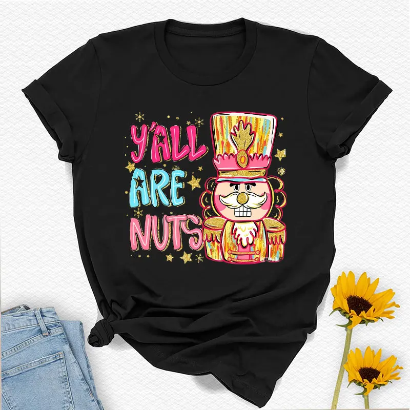 Y'all Are Nuts Coquette كسارة البندق Preppy عيد الميلاد Png السكر البرقوق الجنية المكسرات حول Brushstroke Crewneck تي شيرت مطبوع بلايز