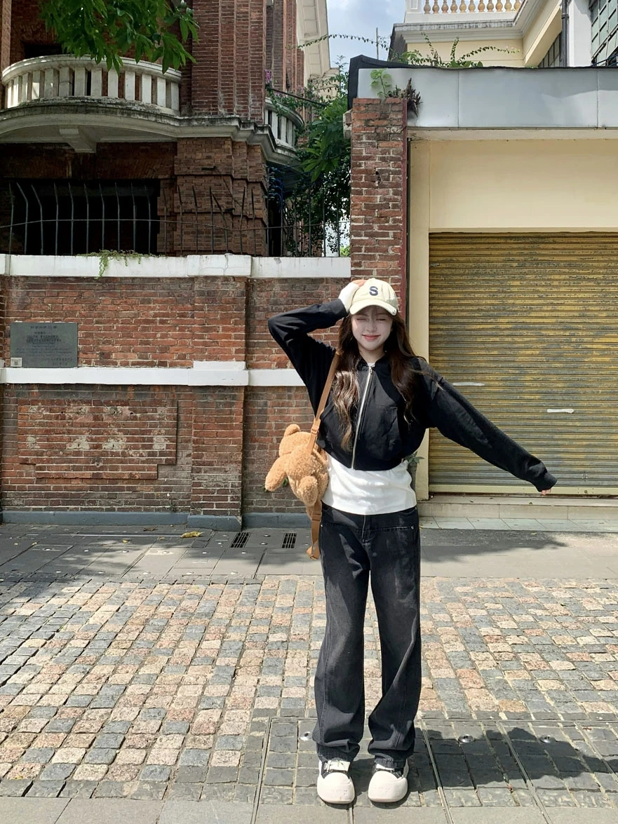 

Свободные прямые джинсы, женские джинсовые брюки с высокой талией, черные, утягивающие длинные брюки, повседневные джинсовые брюки с открытой талией