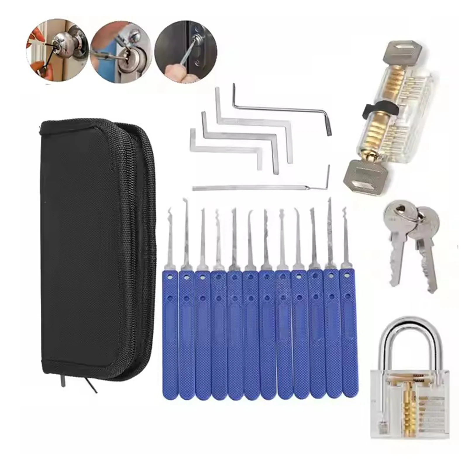 17Pcs Padlock Professional Tools Locksmith Kit with Handle Beginner Locksmith Practice Picktools Training Kit Unlocking Pick Set
