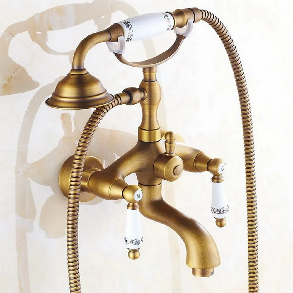 

Antique Brass Wall Mounted Bathroom Tub Faucet Dual Ceramics Handles Telephone Style Hand Shower Clawfoot Tub Mixer Tap atf312