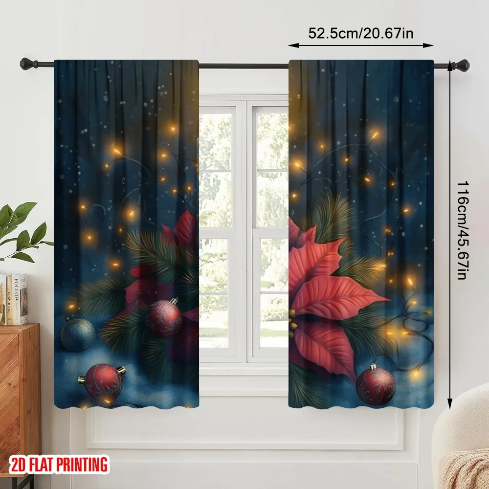 2pcs,2D plane printing Popular Curtains Blue Candle Poinsettia Christmas Ornaments Polyester (without rod) Outdoor Decorations