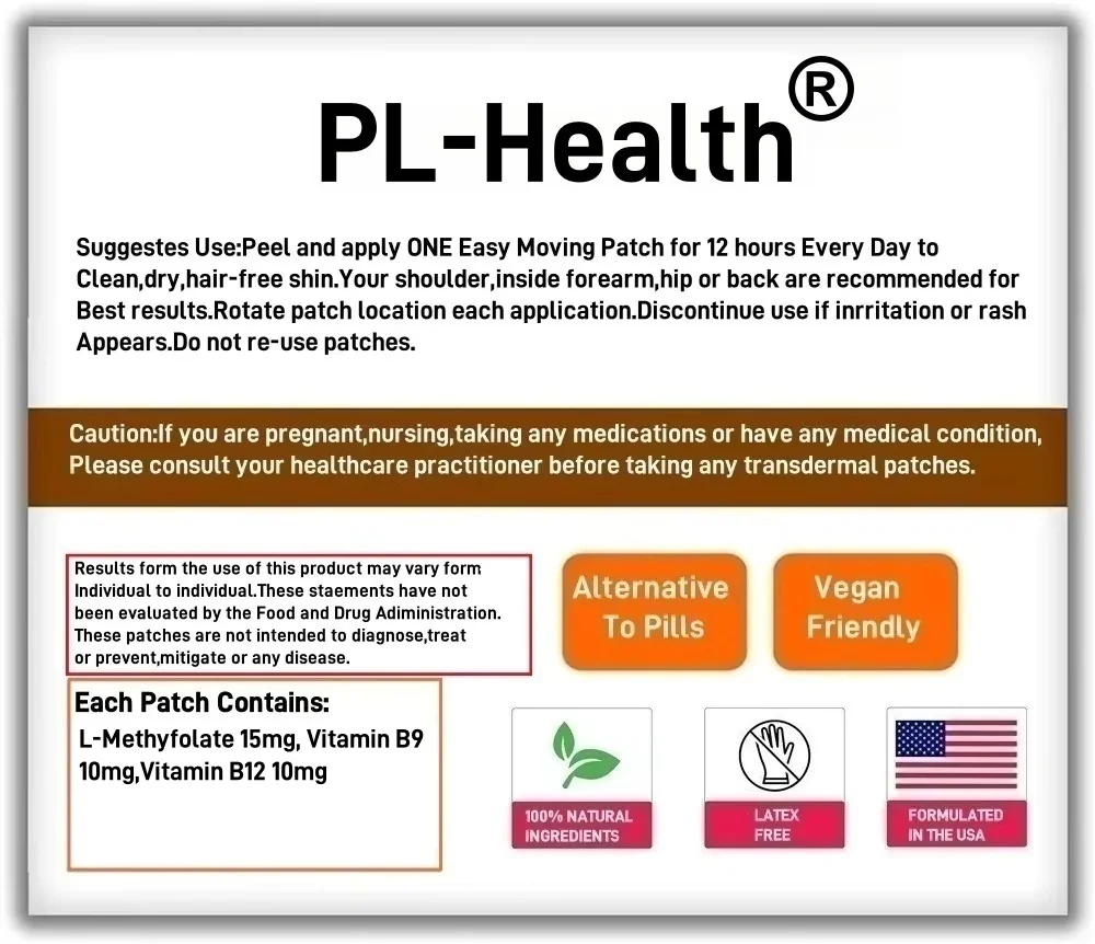 30 رقعة L ميثيل فوليت عبر الجلد مع فيتامين B9 وB12 تدعم المزاج والإدراك
