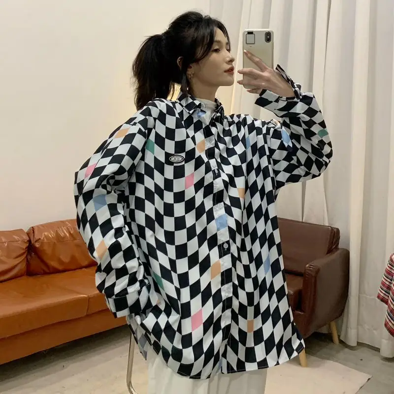 

Retro Plaid Loose Women's Shirt Black White Design Sensation Casual Style Long Sleeve Button up Classic Checkered Top Trendy