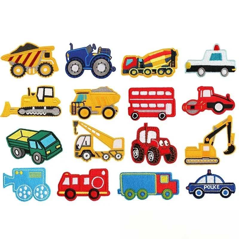 Police Car Embroidery Cloth Sticker Children's Clothing Cartoon Construction Vehicle Computer Embroidery Label Excavator