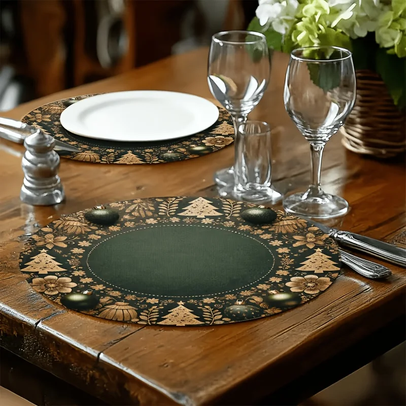 VIKAMA Christmas Round Placemats Set of 4 Dark Green Gold Retro Xmas Tree Floral Dinner Mats Decor Heat Resistant Washable