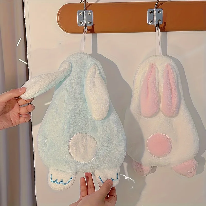 1PCS Cute Rabbit Thickened Coral Fleece Towel Coral Fleece 3D Ear Cute Rabbit Thickened Coral Fleece Towel Hanging‑type