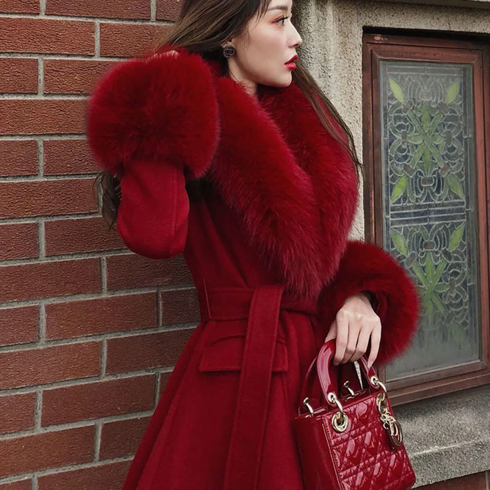 Women Fashion Long Luxury Overcoat Female Winter Coats Fur Collar Warm Elegant Thicken Solid Colo Woolen Jackets Abrigos Mujer