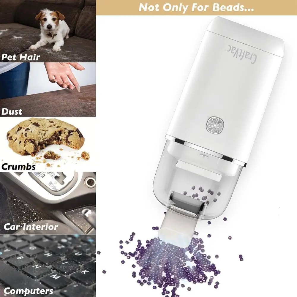 Rechargeable Mini Vacuum - Basic Elements - Quiet 1 Button Operation - 2 Suction Levels - 2 Nozzle Attachments - Great for Beads