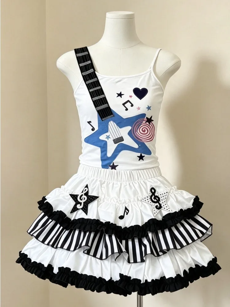 Retro Vintage Harajuku Y2K Piano Print Lace Ruffle Two Piece Set Women French Elegant Summer 2000s Strap Tops Mini Skirt Outfit