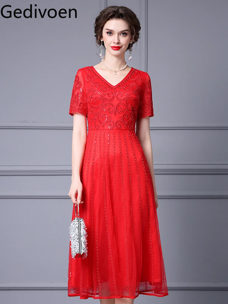 

Gedivoen Summer Fashion Runway New Designer V-Neck Collar Embroidery Floral Print Empire Office Lady Style A-LINE Dress