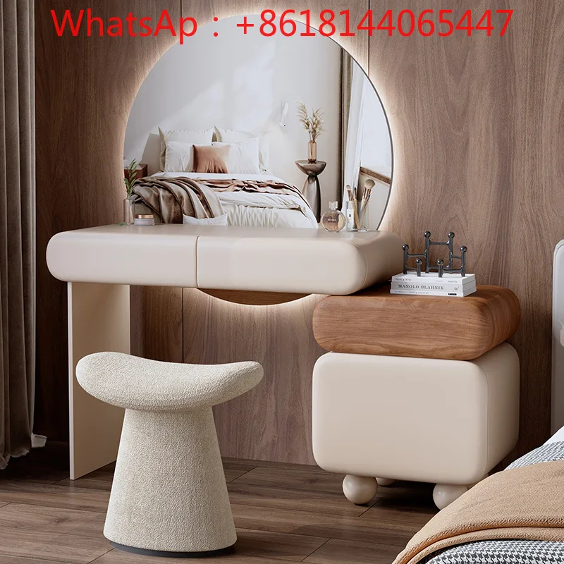 

2025 new light luxury cream style dresser large round mirror bedroom small apartment modern simple makeup table