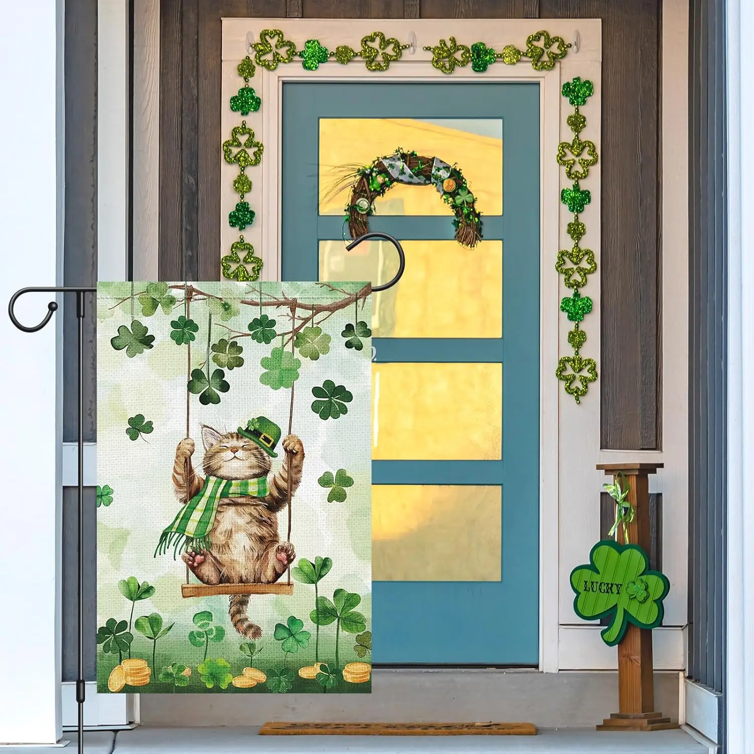 Louise Maelys St Patricks Day Garden Flag Cat Shamrock Double Sided 12x18 Inch Welcome Small Burlap Saint Spring Holiday Yar EEZ