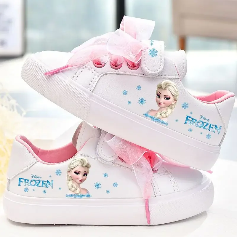 Disney girls frozen princess white Bow pu shoes non-slip soft bottom sports casual  shoes  for girl gift