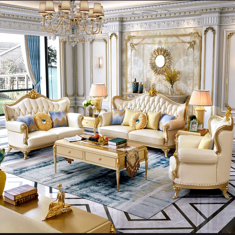 #European Style Genuine Leather Sofa Set Solid Wood Carving Luxury Sofa for Living Room Hotel Apartment Villa Use Disassembly