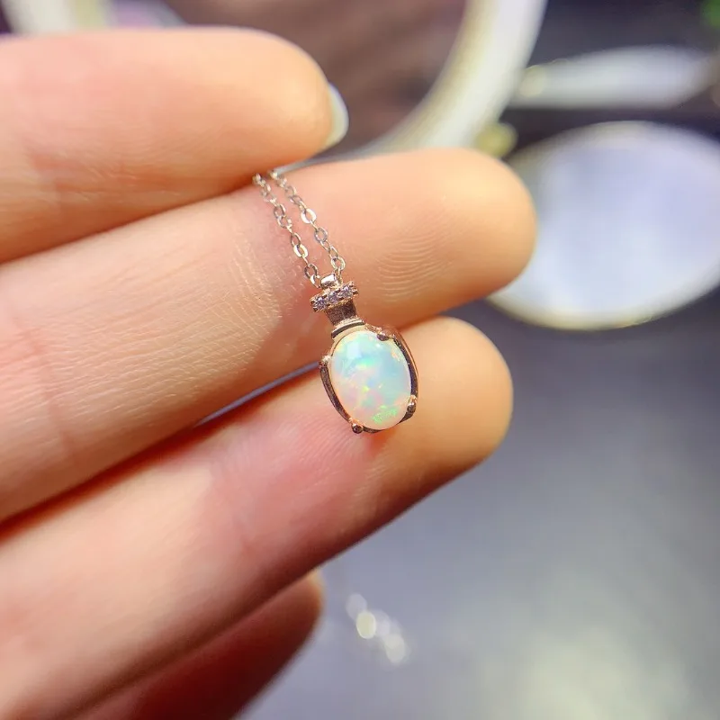 Natural White Opal Pendant Classic Versatile 925 Sterling Silver 6*8MM Gemstones for Women Daily Wear