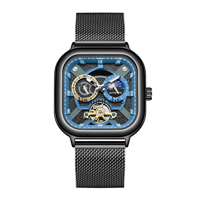 

Watch Men's Steel Belt Square Automatic Mechanical Watch Hollow Luminous Multifunctional Watch