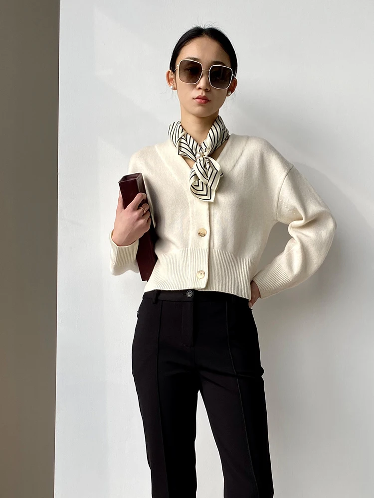 

Утепленный вязаный кардиган Kangsenini из камвольной пряжи с V-образным вырезом, длинными рукавами и прямым кроем, укороченный, с высокой талией