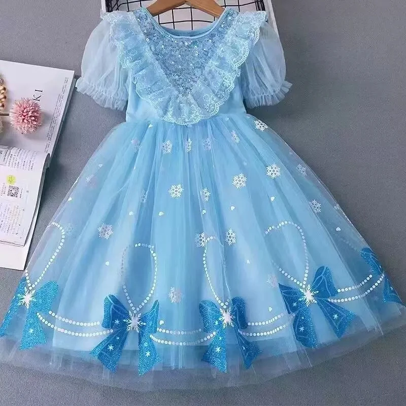 Vestido de Princesa Elsa para Meninas, Azul com Flocos de Neve, Vestido de Tule com Lantejoulas, Manga Bufante, Laço, Fantasia de Aniversário, Cosplay