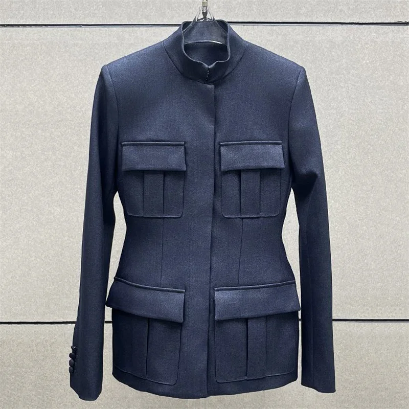 women's jacket New single breasted slim fit women's coat for autumn 2026 Multi pocket decorative women's long sleeved top y2k