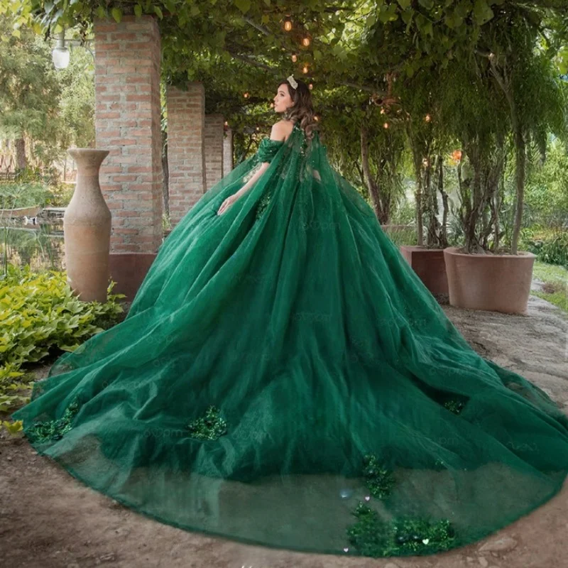 فساتين Quinceanera لامعة باللون الأخضر المسود مخصصة قبالة الكتف تول ثلاثية الأبعاد مزينة بالزهور دانتيل فيستدو دي 15 Quinceanera