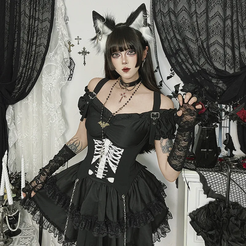 Vestido gótico lolita y2k de verão, feminino, vintage, manga bufante, bandagem, festa, punk, mini vestidos legais, meninas, preto, babados, vestido em camadas