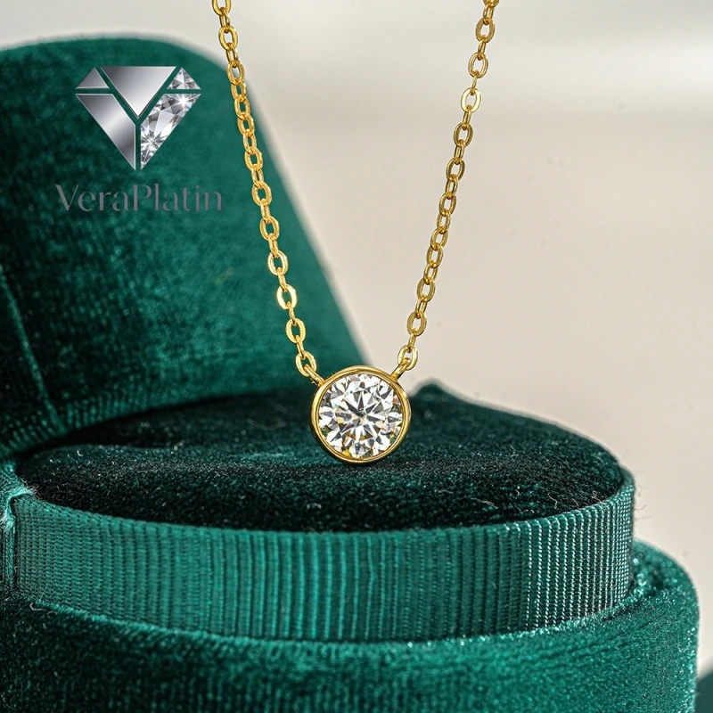 VeraPlatin Women Engagement 18K Gold Lover Wedding Pendant 0.5/1CT Round Moissanite Diamond Girl Friend Birthday Gift Wife Valen